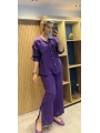 İtalyan Pantolonu Gömleği İşlemeli Keten Takım Mor