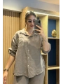 İtalyan Pantolonu Gömleği İşlemeli Keten Takım Vizon