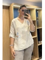 İtalyan Papatya İşlemeli Bluz Bej