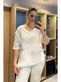 İtalyan Papatya İşlemeli Bluz Beyaz