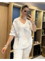 İtalyan Papatya İşlemeli Bluz Beyaz