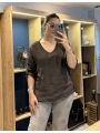 İtalyan Papatya İşlemeli Bluz Kahverengi