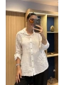 İtalyan Pullu Çiçek İşlemeli Keten Gömlek 13483 Beyaz