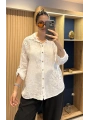 İtalyan Pullu Çiçek İşlemeli Keten Gömlek 13483 Beyaz