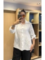 İtalyan Pullu Çiçek İşlemeli Keten Gömlek 13483 Beyaz