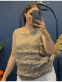 İtalyan Sıfır Kol Püsküllü Keten Bluz Camel 18125