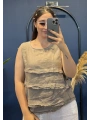 İtalyan Sıfır Kol Püsküllü Keten Bluz Camel 18125