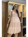 İtalyan Yakası Lastikli Dantelli Elbise Pembe