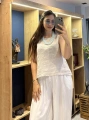 Kalın Askılı Arkadan Bağlamalı Keten Bluz Bej
