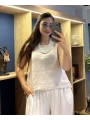 Kalın Askılı Arkadan Bağlamalı Keten Bluz Bej