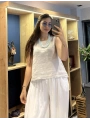 Kalın Askılı Arkadan Bağlamalı Keten Bluz Bej