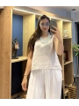 Kalın Askılı Arkadan Bağlamalı Keten Bluz Bej