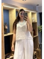 Kalın Askılı Arkadan Bağlamalı Keten Bluz Bej