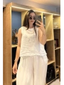 Kalın Askılı Arkadan Bağlamalı Keten Bluz Beyaz