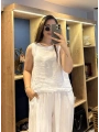 Kalın Askılı Arkadan Bağlamalı Keten Bluz Beyaz