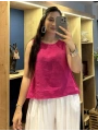 Kalın Askılı Arkadan Bağlamalı Keten Bluz Fuşya