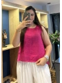 Kalın Askılı Arkadan Bağlamalı Keten Bluz Fuşya