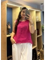 Kalın Askılı Arkadan Bağlamalı Keten Bluz Fuşya