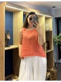 Kalın Askılı Arkadan Bağlamalı Keten Bluz Nar Çiçeği