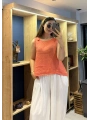 Kalın Askılı Arkadan Bağlamalı Keten Bluz Nar Çiçeği