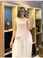 Kalın Askılı Arkadan Bağlamalı Keten Bluz Pudra