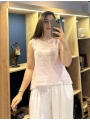 Kalın Askılı Arkadan Bağlamalı Keten Bluz Pudra