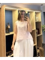 Kalın Askılı Arkadan Bağlamalı Keten Bluz Pudra
