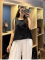 Kalın Askılı Arkadan Bağlamalı Keten Bluz Siyah