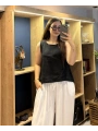 Kalın Askılı Arkadan Bağlamalı Keten Bluz Siyah