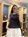 Kalın Askılı Arkadan Bağlamalı Keten Bluz Siyah
