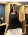 Kalın Askılı Arkadan Bağlamalı Keten Bluz Siyah