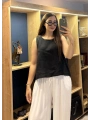 Kalın Askılı Arkadan Bağlamalı Keten Bluz Siyah
