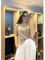 Kalın Askılı Arkadan Bağlamalı Keten Bluz Vizon