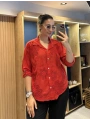 Nakış Desenli Pamuk Gömlek Kırmızı