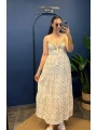 Uzun Askılı Taşlı Elbise 8809 Bej
