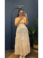 Uzun Askılı Taşlı Elbise 8809 Bej