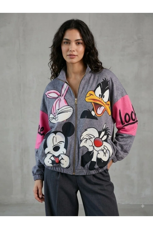 Fermuarlı Gri Pembe Sweat