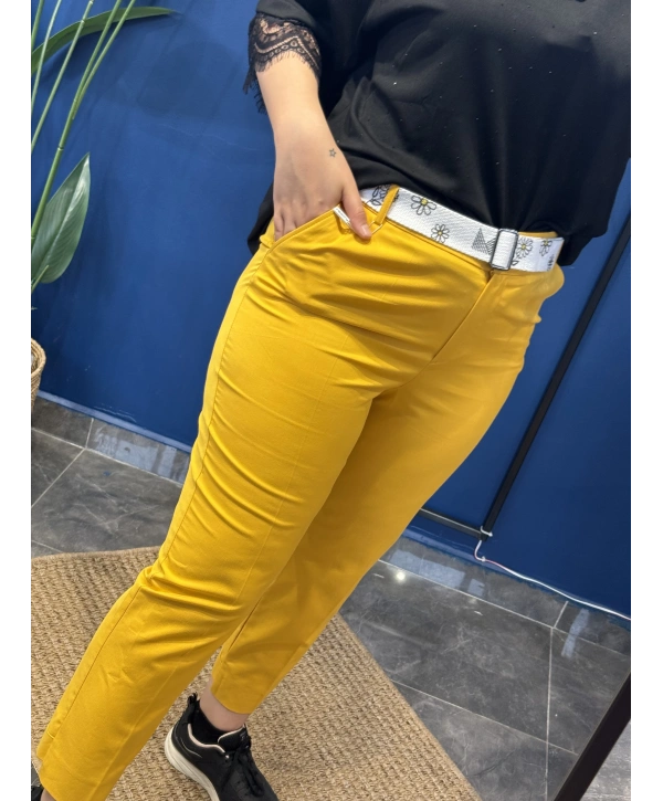 Yan Cepli Düzpaça Pantolon Sarı