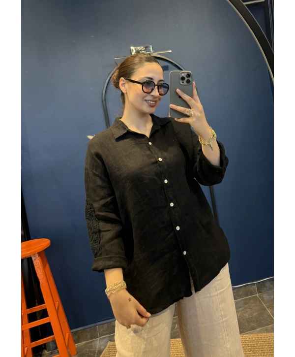 İtalyan Kolu Fistolu Gömlek Siyah