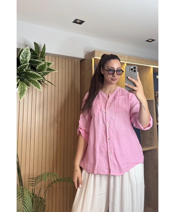 Arkası Güpür Detaylı Pullu Gömlek Pembe