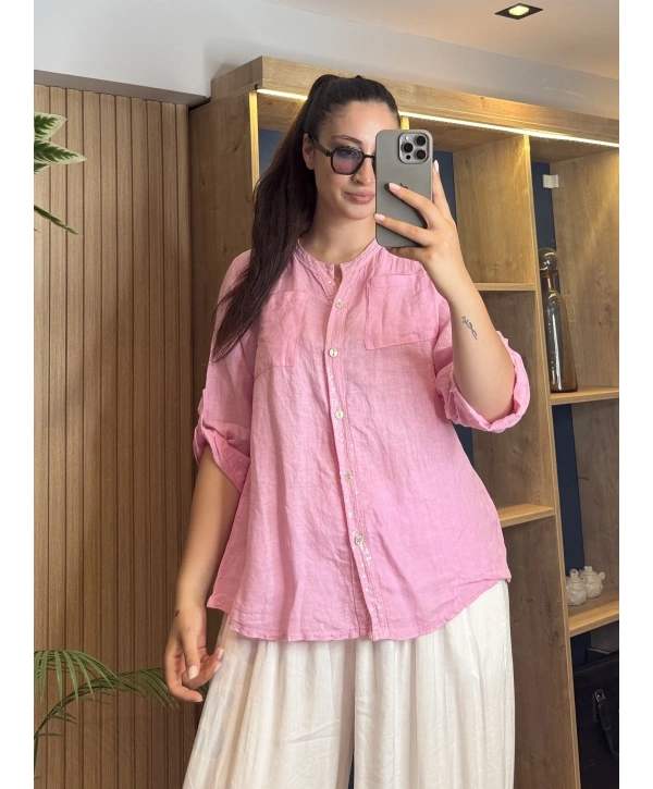 Arkası Güpür Detaylı Pullu Gömlek Pembe