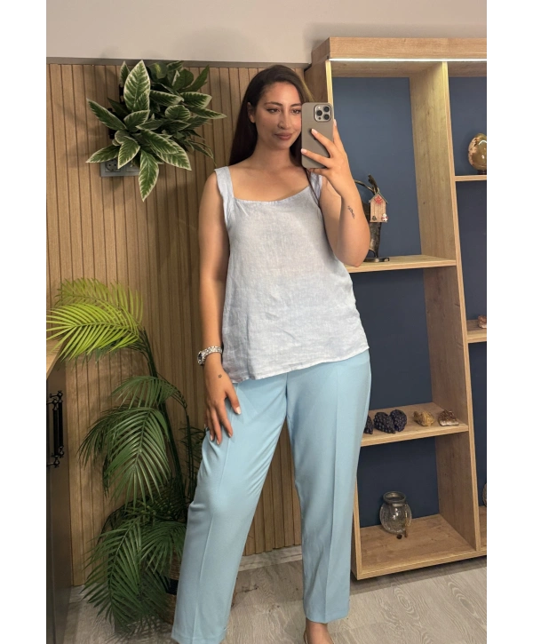 Askılı Arkadan Bağlamalı Keten Bluz Bebe Mavi