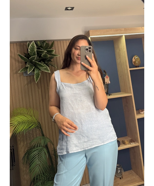 Askılı Arkadan Bağlamalı Keten Bluz Bebe Mavi