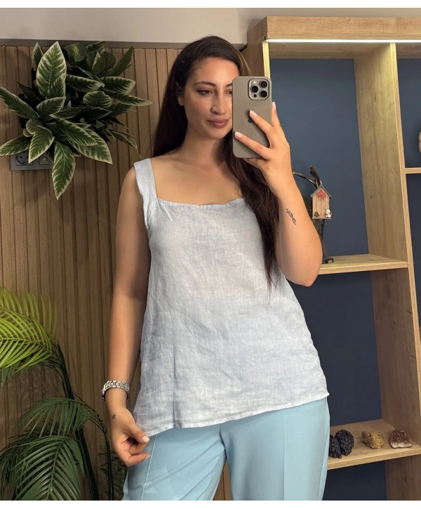 Askılı Arkadan Bağlamalı Keten Bluz Bebe Mavi