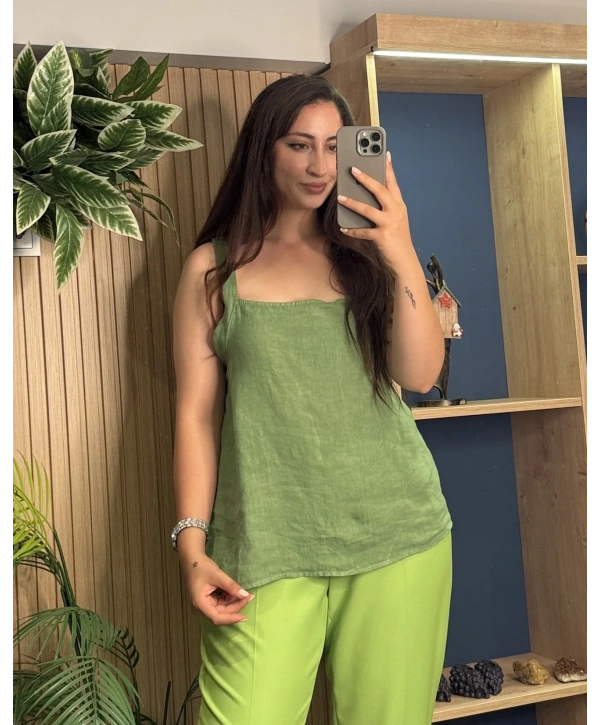 Askılı Arkadan Bağlamalı Keten Bluz Haki
