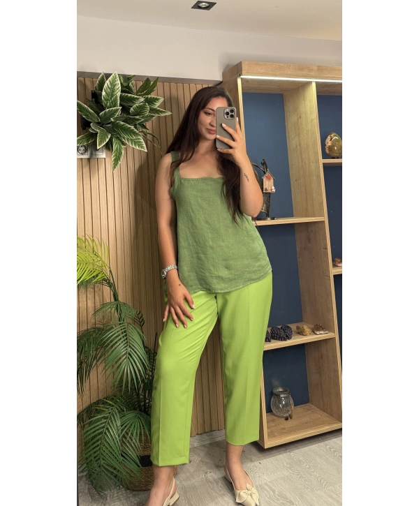 Askılı Arkadan Bağlamalı Keten Bluz Haki