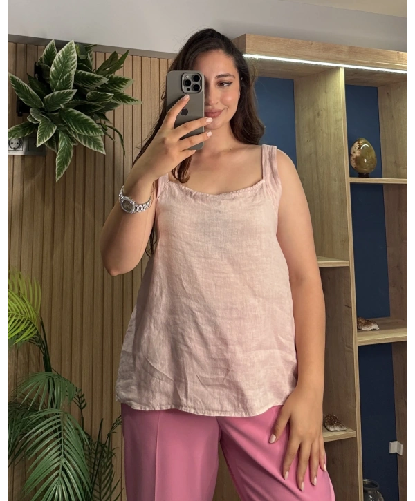Askılı Arkadan Bağlamalı Keten Bluz Pembe