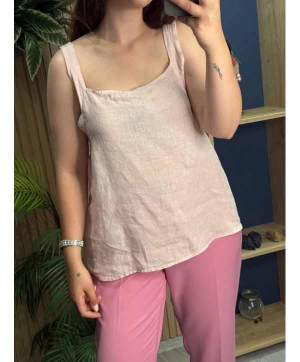 Askılı Arkadan Bağlamalı Keten Bluz Pembe