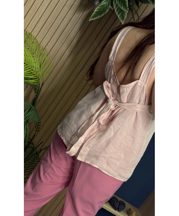 Askılı Arkadan Bağlamalı Keten Bluz Pembe