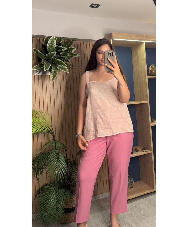 Askılı Arkadan Bağlamalı Keten Bluz Pembe